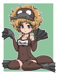 Rule 34 | 1girl, animal hat, blue eyes, blush, breasts, brown gloves, brown one-piece swimsuit, brown thighhighs, collarbone, elbow gloves, fake tail, flippers, girls und panzer, girls und panzer saishuushou, gloves, green background, hat, kamonohashi (girls und panzer), light frown, name tag, one-piece swimsuit, orange hair, platypus, school swimsuit, simple background, sitting, sleeveless, swimsuit, tail, takahashi kurage, thighhighs, wariza, webbed feet, webbed hands