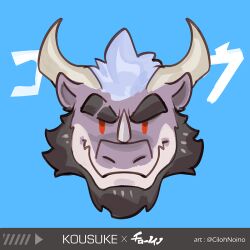 1boy bara beard blue_background cilohnoino closed_mouth cropped_head facial_hair furry furry_male horns looking_at_viewer male_focus nostrils original red_eyes scar scar_across_eyebrow scar_on_face simple_background single_horn solo thick_eyebrows