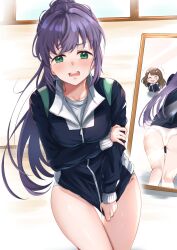 Rule 34 | +++, 2girls, ;3, ;d, absurdres, ass, black jacket, blush, breasts, brown hair, clothes pull, clothes theft, collarbone, commentary, cowboy shot, embarrassed, fujishima megumi, green eyes, hand on own arm, high ponytail, highres, holding pants, indoors, ixianim, jacket, jacket pull, link! like! love live!, long hair, long sleeves, love live!, medium breasts, multiple girls, one eye closed, open mouth, otomune kozue, panties, pants, ponytail, purple hair, reflection, sidelocks, smile, standing, teeth, theft, track jacket, track pants, underwear, unworn pants, upper teeth only, virtual youtuber, white panties
