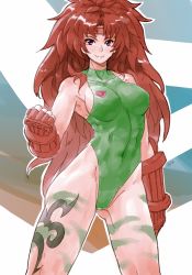 1girl bodypaint bracer breasts cammy_white cammy_white_(cosplay) camouflage clenched_hand cosplay cowboy_shot curvy elbow_gloves female_focus fingerless_gloves gloves headband highleg highleg_leotard large_breasts leotard long_hair orz_(orz57) purple_eyes queen&#039;s_blade red_hair risty_(queen&#039;s_blade) sideboob smile solo standing street_fighter tattoo very_long_hair wide_hips wilderness_bandit_risty