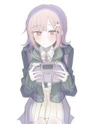 1girl black_jacket brown_hair collared_shirt danganronpa_(series) danganronpa_2:_goodbye_despair dress_shirt galaga hair_ornament handheld_game_console holding holding_handheld_game_console jacket long_sleeves medium_hair miniskirt nanami_chiaki neck_ribbon pi_no_(pino) pink_eyes pink_ribbon pleated_skirt ribbon shirt shirt_tucked_in simple_background sitting skirt solo spaceship_hair_ornament white_background