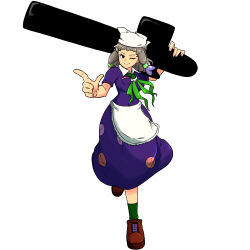 1girl absurdres apron black_eyes bow bowtie breasts brown_shoes closed_mouth collared_dress commentary_request cookie_(touhou) dress finger_gun full_body green_bow green_bowtie green_socks grey_hair highres holding izayoi_sakuya looking_at_viewer madan_shoujo maid medium_breasts muimui_(4242564muimui) purple_dress shoes short_hair short_sleeves simple_background smile socks solo standing touhou waist_apron white_apron white_background