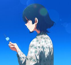 alternate_costume blue_hair bocchi_the_rock! food hair_between_eyes highres holding holding_food holding_ice_cream ice_cream light_blush setsuna_bluem34 short_hair silhouette simple_background upper_body yamada_ryo