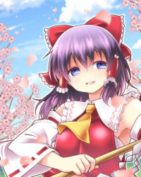 1girl ascot blue_sky bow cherry_blossoms cloud day detached_sleeves dress female_focus gohei hair_bow hair_tubes hakurei_reimu looking_at_viewer open_mouth purple_eyes purple_hair red_dress satou_yuuki sky smile solo touhou tree wide_sleeves
