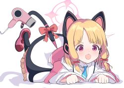 1girl absurdres animal_ear_headphones animal_ears black_socks blonde_hair blue_archive blue_necktie blush bow cat_ear_headphones cat_ears cat_tail coat commentary_request fake_animal_ears hair_bow hair_dryer halo headphones highres lying momoi_(blue_archive) necktie on_stomach open_mouth pink_shoes red_eyes ribbon shirt shoes short_hair socks solo tail tail_ornament tail_ribbon white_coat white_shirt zener_zapping