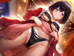 1girl black_bra black_hair black_panties blue_eyes blush bra breasts clothes_lift from_below gluteal_fold highres lace lace_bra lace_panties lifting_own_clothes lingerie looking_at_viewer maeshimashi medium_breasts open_clothes open_shirt original panties skirt skirt_lift smile solo underwear