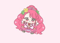 Rule 34 | 1girl, absurdly long hair, asymmetrical bangs, back bow, boots, bow, chibi, closed mouth, collared vest, cure grace, dot nose, dress, earrings, eyelashes, flower, footwear bow, frilled dress, frills, gloves, green bow, hair flower, hair ornament, hanadera nodoka, happy, healin&#039; good precure, heart, heart hair ornament, high ponytail, ichigo usuhana, jewelry, lapels, leaf earrings, leaf hair ornament, light blush, long hair, looking at viewer, magical girl, medium dress, notched lapels, open clothes, open vest, outstretched arms, pink background, pink bow, pink dress, pink eyes, pink hair, pink theme, pink vest, ponytail, precure, short sleeves, simple background, smile, solo, swept bangs, tareme, thigh boots, tiara, very long hair, vest, wavy hair, white boots, white gloves, wrist bow, yellow flower