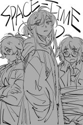 1boy 2boys braid closed_mouth coat crossed_arms cyberseaurchin english_text glasses greyscale hand_in_pocket highres jacket monochrome multiple_boys necktie open_mouth original sidelocks sketch teeth white_background