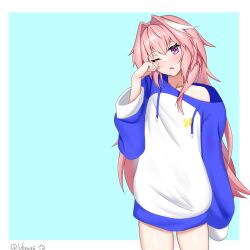 artist_name astolfo_(fate) facing_viewer fate/apocrypha fate/grand_order fate_(series) hair_intakes highres hood hoodie logo long_hair looking_at_viewer multicolored_hair one_eye_closed pink_hair purple_eyes rubbing_eyes simple_background trap vemus_01