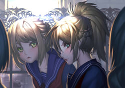 Rule 34 | 2girls, absurdres, alternate costume, artoria pendragon (fate), black serafuku, blonde hair, blue eyes, blush, closed mouth, fate/grand order, fate (series), father and daughter, green eyes, highres, looking at viewer, mordred (fate), mordred (fate/apocrypha), mother and daughter, multiple girls, ponytail, portrait, saber (fate), school uniform, serafuku, short hair, smile, sunlight, tollrin-senpai