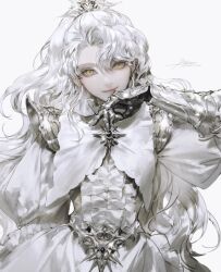 1girl absurdres armor highres light_smile lips long_hair nose original realistic solo vlfdus_0 white_background white_hair yellow_eyes
