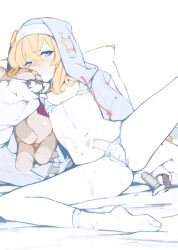 Rule 34 | 1boy, aqua eyes, ataruman, bar censor, bikini, black gloves, blonde hair, blue bikini, bridget (guilty gear), censored, covered testicles, cum, cum on body, cum on legs, cum on self, cum on stomach, ejaculation, erection, fingerless gloves, foreskin, gloves, gluteal fold, guilty gear, guilty gear strive, habit, highres, hood, hood up, hooded jacket, hoodie, jacket, lifting own clothes, long sleeves, looking at viewer, male focus, medium hair, micro bikini, navel, nipple slip, nipples, open clothes, open hoodie, penis, penis in swimsuit, pillow, puffy long sleeves, puffy sleeves, roger (guilty gear), sketch, solo, spread legs, string bikini, striped bikini, striped clothes, stuffed animal, stuffed toy, swimsuit, teddy bear, testicles, trap, white bikini
