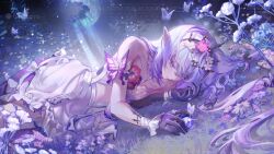 1girl absurdres asymmetrical_gloves black_tiara breasts butterfly_ornament castorice_(honkai:_star_rail) commentary crescent_moon do_myzu dress elbow_gloves english_commentary flower gloves grass hair_flower hair_ornament highres honkai:_star_rail honkai_(series) long_hair moon night night_sky on_grass outdoors pointy_ears purple_eyes purple_gloves purple_hair sky solo tiara uneven_gloves white_dress