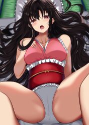 1girl :o absurdres bed breasts cameltoe frilled_leotard frills from_above highres hime_cut houraisan_kaguya leotard long_hair looking_at_viewer lying medium_breasts on_back open_mouth pillow pink_eyes pink_leotard solo spread_legs touhou touhou7716 touhou_tag_dream wrestling_outfit