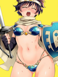 1girl ^_^ armor bikini bikini_armor black_gloves black_hair blush breasts cape circlet closed_eyes cosplay cosplay_request cowboy_shot dragon_quest dragon_quest_iii eyebrows female_focus fingerless_gloves gem genderswap genderswap_(mtf) gloves gluteal_fold hair_between_eyes harayan holding holding_shield holding_sword holding_weapon jewelry kekkai_sensen leonardo_watch medium_breasts multi-strapped_bikini_bottom navel open_mouth pauldrons roto roto_(cosplay) roto_(dq3) shield short_hair shoulder_armor simple_background solo stomach sweat swimsuit sword twitter_username weapon yellow_background