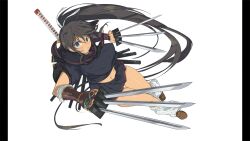 1girl absurdres black_hair black_shirt black_skirt breasts brown_gloves brown_shoes covered_erect_nipples dark-skinned_female dark_skin evil_grin evil_smile fingerless_gloves gloves green_eyes grin highres holding holding_sword holding_weapon homura_(senran_kagura) large_breasts long_hair midriff multiple_swords non-web_source official_art ouroboros pillarboxed ponytail senran_kagura senran_kagura_burst_re:newal shirt shoes skirt smile socks solo sword sword_on_back tan thigh_gap weapon weapon_on_back white_background white_socks yaegashi_nan