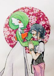 2girls black_hair bob_cut colored_skin dress floral_background from_side gardevoir gen_3_pokemon glasses green_hair green_skin highres jewelry mega_stone multicolored_skin multiple_girls necklace nintendo painting_(medium) pink_eyes pokemon pokemon_(creature) smile sssiwako traditional_media two-tone_skin watercolor_(medium) white_dress white_skin