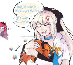 3girls anger_vein angry baobhan_sith_(fate) black_bow black_tiara blue_choker bow choker clenched_teeth closed_eyes comforting commentary english_commentary english_text envy fate/grand_order fate_(series) fujimaru_ritsuka_(female) hair_bow high_side_ponytail long_hair mari_(macchiatobear) morgan_le_fay_(fate) mother_and_daughter multiple_girls open_mouth orange_hair pink_hair pointy_ears ponytail saint_quartz_(fate) short_hair teeth tiara twitter_username watermark web_address white_hair