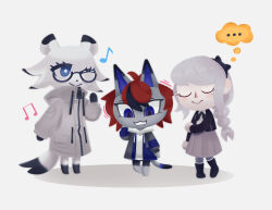 2boys animal_crossing animal_ears aotsuki_eito black_gloves black_hair blue_eyes braid braided_ponytail brown_skirt cat_boy cat_ears cat_tail closed_mouth full_body glasses gloves goat_boy goat_ears goat_tail grey_fur highres hood hooded_sweater hoodie kirifuji_nozomi long_sleeves mole mole_under_eye multicolored_eyes multicolored_hair multiple_boys musical_note nintendo plated_skirt red_eyes red_hair simple_background skirt standing sumino_takumi sweater tail the_hundred_line_-last_defense_academy- white_background white_fur