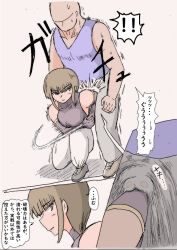 1boy 1girl ball_busting dosei-jin_(dosei8810) elbow_gloves elbowing gloves on_one_knee translation_request