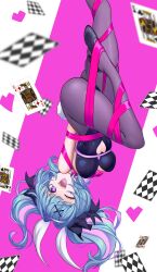 1girl animal_ears ass black_leotard blue_hair breasts card curly_hair fake_animal_ears hair_ornament hanging_breasts hatsune_miku heart heart-shaped_pupils high_heels highres large_breasts leotard natalyb one_eye_closed open_mouth pantyhose pink_background playboy_bunny poker pure_pure_(rabbit_hole) rabbit_hole_(vocaloid) smile suggestive_look symbol-shaped_pupils teeth upper_teeth_only vocaloid x_hair_ornament