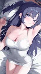 Rule 34 | 1girl, absurdres, alternate costume, armpits, blue archive, blush, breasts, cleavage, collarbone, commentary request, covered navel, highres, large breasts, long hair, looking at viewer, lying, nightgown, on back, on bed, parted lips, pillow, purple eyes, purple hair, sei (0724sei6), solo, thighs, two side up, white nightgown, yuuka (blue archive)