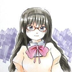 1girl akemi_homura black_hair black_hairband bow bowtie braid glasses hairband highres long_hair looking_at_viewer mahou_shoujo_madoka_magica mahou_shoujo_madoka_magica_(anime) marumo_516 mitakihara_school_uniform puffy_sleeves purple_background purple_eyes red-framed_eyewear red_bow red_bowtie school_uniform solo twin_braids upper_body