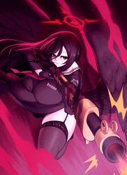 1girl absurdres black_hair black_serafuku black_wings blue_archive bolt_action breasts deumosden feathered_wings garter_straps gun hasumi_(blue_archive) highres huge_breasts kneeling long_hair m1917_enfield red_eyes rifle school_uniform serafuku solo thighhighs weapon wings