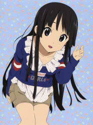 1girl 2000 :d absurdres akiyama_mio black_eyes black_hair highres k-on! long_hair official_art open_mouth scan shorts smile