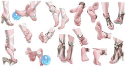 2girls absurdres augusta_(wuthering_waves) barefoot feet feet_only foot_focus haine_1871 high_heels highres iuno_(wuthering_waves) leg_wrap missing_commentary multiple_girls multiple_views orb simple_background soles spread_toes stirrup_legwear tacet_mark_(wuthering_waves) toeless_legwear toenails toes white_background wuthering_waves