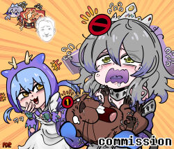 3girls artist_name bare_shoulders beaver blue_hair blush commission crying crying_with_eyes_open duel_monster grey_hair highres kitkallos_(yu-gi-oh!) ksg950815 laughing laundry_dragonmaid multiple_girls nimble_beaver no_symbol pdp_(ksg950815) saliva spright_elf tearlaments_kitkallos tearlaments_merrli tears tiara yellow_eyes yu-gi-oh!