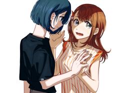 Rule 34 | 2girls, averting eyes, black shirt, blue eyes, blue hair, blue nails, blush, braid, braided bangs, breasts, brown hair, closed mouth, commentary request, grey eyes, hair ribbon, hanasato minori, highres, holding hands, kani (kaniya), kiritani haruka, long hair, looking at another, medium breasts, multiple girls, nail polish, open mouth, orange nails, orange shirt, project sekai, ribbon, shade, shirt, short hair, simple background, single sidelock, sleeveless, sleeveless shirt, small breasts, striped clothes, striped shirt, sweatdrop, two-tone shirt, upper body, vertical-striped clothes, vertical-striped shirt, wavy mouth, white background, white shirt, yuri
