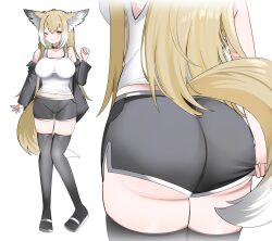 Rule 34 | 1girl, ;), absurdres, alternate costume, animal ears, arknights, ass, black jacket, black shorts, black thighhighs, breasts, camisole, commentary, dolphin shorts, fox ears, fox girl, fox tail, highres, jacket, large breasts, long hair, looking at viewer, multiple views, one eye closed, orange eyes, sandals, shorts, simple background, smile, spam (spamham4506), tail, thighhighs, vulpisfoglia (arknights), white background, white camisole