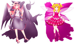 Rule 34 | 2girls, andani, black wings, blonde hair, blonde makai resident (touhou), boots, bow, breasts, fairy wings, hair bow, hair ornament, high heels, highres, long hair, long sleeves, multiple girls, mystic square, pink-haired makai resident (touhou), pink hair, purple eyes, shadow, shirt, short hair, skirt, smile, sunglasses, touhou, touhou (pc-98), vest, white background, wings, yellow eyes