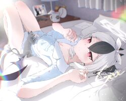 1girl absurdres artist_name black_hair black_wings blue_archive blue_pajamas blurry blurry_background breasts cat cleavage closed_mouth commentary ear_piercing hair_between_eyes hairband halo highres indoors kayoko_(blue_archive) looking_at_viewer medium_breasts morning navel on_bed pajamas piercing pillow red_eyes seoc_studios single_wing smile solo symbol-only_commentary white_hair white_hairband wings