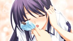 1girl aoi_sena blurry blurry_background blush bokeh chaos;head chaos;head_love_chu_chu! closed_eyes collarbone collared_shirt depth_of_field dripping eating fingernails food game_cg hair_between_eyes holding holding_food holding_own_hair holding_popsicle licking long_hair long_sidelocks matsuo_yukihiro melting melting_popsicle official_art open_collar open_mouth plaid_clothes plaid_sleeves plaid_trim popsicle popsicle_stick purple_hair school_uniform sexually_suggestive shiny_lips shiny_skin shirt short_sleeves sidelocks solo suimei_school_uniform suimei_summer_uniform tongue tongue_out white_shirt