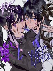 2girls absurdres ayame_en_(ouge_dz) biting_another&#039;s_clothes black-framed_eyewear black_flower black_hair black_jacket blazer blue_eyes blunt_bangs bow bowtie character_name closed_mouth collared_shirt corded_phone couple empty_eyes floral_background flower glasses grey_pupils grey_shirt hair_ornament hairclip hand_on_another&#039;s_chin hand_on_own_cheek hand_on_own_face heart heart_hair_ornament highres jacket jewelry layered_sleeves lily_(flower) lips long_hair long_sidelocks multiple_girls nail_art nail_polish neck_ribbon original ouge_dz pansy phone pink_bow pink_bowtie pink_lips purple_eyes purple_flower purple_hair purple_nails purple_ribbon purple_shirt ribbon ring shirt sidelocks sleeves_past_wrists sparkle straight_hair striped_bow striped_bowtie striped_clothes sweater_jacket swept_bangs twintails upper_body wedding_ring white_background white_jacket wife_and_wife yuri yuri_chie_(ouge_dz)