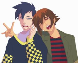Rule 34 | 2boys, black hair, brown hair, hair between eyes, jacket, karina farek, long sleeves, male focus, manjoume jun, multicolored hair, multiple boys, open mouth, shirt, short hair, teeth, two-tone hair, upper teeth only, v, yu-gi-oh!, yu-gi-oh! gx, yuki judai
