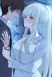 1boy 2girls black_hair black_necktie blank_eyes blue_archive blunt_bangs blush dress grey_jacket hair_between_eyes hand_on_another&#039;s_chest highres holding_another&#039;s_wrist jacket mi_taro333 multiple_girls necktie no_eyes noa_(blue_archive) noa_(pajamas)_(blue_archive) official_alternate_costume official_alternate_hairstyle open_mouth ponytail purple_eyes sensei_(blue_archive) shirt short_hair sidelocks staring sweatdrop white_dress white_hair white_shirt yuuka_(blue_archive) yuuka_(pajamas)_(blue_archive)