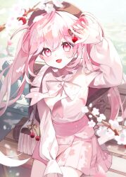 1girl absurdres arm_up bag beret blush bow brown_jacket cherry cherry_blossoms cherry_hair_ornament falling_petals flower food food-themed_hair_ornament fruit hair_ornament handbag hat hatsune_miku highres jacket jacket_on_shoulders light_particles long_hair looking_at_viewer nilma on_bench open_mouth petals pink_bow pink_eyes pink_hair pink_shirt pink_skirt plaid_clothes plaid_jacket pleated_skirt sakura_miku shirt sitting skirt smile solo spring_(season) twintails very_long_hair vocaloid