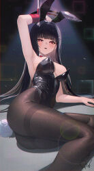 1girl absurdres alternate_costume animal_ear_hairband animal_ears armpits ass black_hair black_halo black_leotard blue_archive blurry blush bokeh breasts bright_pupils depth_of_field detached_collar fake_animal_ears fake_tail hair_intakes hairband halo highres large_breasts leotard light_particles long_hair looking_at_viewer open_mouth playboy_bunny pole rabbit_ear_hairband rabbit_ears rabbit_tail red_eyes rio_(blue_archive) solo spotlight strapless strapless_leotard tail very_long_hair white_pupils wute5733