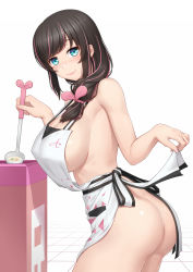 1girl adapted_costume aged_up alternate_breast_size anarchojs apron aqua_eyes ass breasts brown_hair closed_mouth clothes_writing cowboy_shot fingernails food from_side hair_over_shoulder hairband highres holding holding_ladle huge_breasts kizuna_ai kizuna_ai_inc. ladle long_hair looking_at_viewer low-tied_long_hair mature_female multicolored_hair naked_apron outstretched_hand pink_hair pink_hairband pocket print_apron sideboob sidelocks skirt_hold smile solo soup strap_gap streaked_hair swept_bangs tile_floor tiles virtual_youtuber white_apron white_background