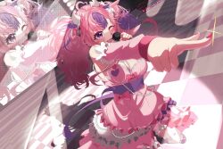 Rule 34 | 1girl, absurdres, ahoge, blush, bow, breasts, checkered floor, cleavage, demon girl, demon horns, detached sleeves, dress, fang, frilled dress, frilled sleeves, frills, hair ornament, heart, heart ahoge, highres, holding, holding microphone, horns, idol, ironmouse, kizawayoh, long sleeves, microphone, multicolored hair, one eye closed, pink bow, pink dress, pink hair, pink nails, pink sleeves, pointing, purple eyes, purple hair, skin fang, string of pearls, two-tone hair, virtual youtuber, vshojo, white horns