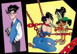 1boy 1girl arms_behind_back bdsm black_hair black_necktie black_pants blue_bodysuit blue_vest bodysuit bondage book bound brown_shoes chain collar colored_skin commentary_request cybersix cybersix_(character) glasses green_skin hand_in_pocket hand_on_another&#039;s_chin high_heels holding holding_baton_(weapon) holding_book jose_von_reichter kneeling leash mark2003 necktie pants reverse_trap shirt shoes shorts simple_background slave smile torn_bodysuit torn_clothes vest watch white_shirt wristwatch