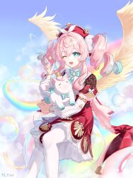 1girl absurdres air_bubble aqua_eyes aqua_hair artist_name bow bowtie bubble dress feathers hair_ornament hat highres honkai:_star_rail honkai_(series) hyacine_(honkai:_star_rail) jiuleyan little_ica_(honkai:_star_rail) multicolored_hair one_eye_closed pantyhose pegasus pink_hair rainbow red_dress red_hat sitting smile twintails white_pantyhose wings