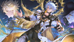 3boys absurdres antenna_hair armor black_choker black_cloak black_gloves black_pants black_shirt blonde_hair blue_cape cape choker cloak coat commentary dark_persona english_commentary fingerless_gloves flame_reaver_of_the_deepest_dark gloves halo halo_behind_head highres honkai:_star_rail honkai_(series) hood hood_up hooded_cloak male_focus multiple_boys multiple_persona pants parted_bangs pauldrons phainon_(honkai:_star_rail) shirashura shirt short_hair shoulder_armor single_glove single_pauldron thigh_strap white_coat white_hair yellow_eyes