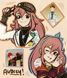 1girl alternate_eye_color arm_up aubrey_(faraway)_(omori) aubrey_(omori) black_eyes black_gloves black_hat blue_hairband character_name character_request closed_mouth earrings ensemble_stars! fingerless_gloves gloves hairband hat highres jewelry long_sleeves looking_at_viewer omori one_eye_closed ottie_pops parted_lips smile teeth v