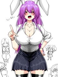 animal_ears black_skirt breasts cleavage collarbone fujiwara_no_mokou highres houraisan_kaguya inaba_tewi jewelry kwisshy large_breasts long_hair looking_at_viewer necklace open_mouth pleated_skirt pointing pointing_at_viewer purple_hair rabbit_ears rabbit_girl red_eyes reisen_udongein_inaba sidelocks skirt sleeves_rolled_up swept_bangs thighhighs touhou undersized_clothes yagokoro_eirin zettai_ryouiki