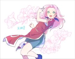 Rule 34 | 1girl, :d, black shorts, dress, flower, green eyes, haruno sakura, holding, holding shuriken, holding weapon, long hair, looking at viewer, naruto (classic), naruto (series), open mouth, pink hair, red dress, short sleeves, shorts, shuriken, smile, solo, teeth, twitter username, upper teeth only, wakuwakuizumi, weapon