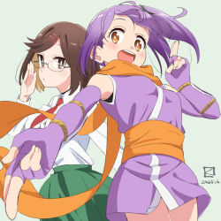2girls brown_eyes brown_hair glasses gloves hair_ornament highres koga_konoha kusagakure_satoko looking_at_viewer miyahara_takuya multiple_girls ninja_to_koroshiya_no_futarigurashi purple_hair scarf school_uniform shirt short_hair skirt white_shirt